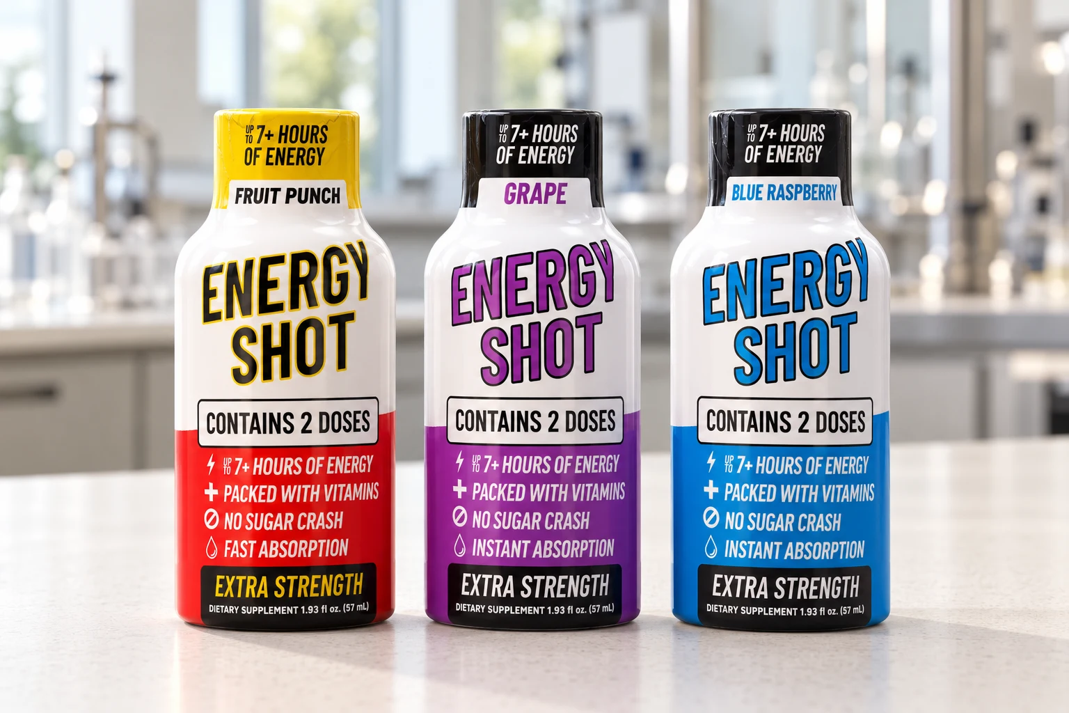 Energy Shot bottles in Fruit Punch, Grape and Blue Raspberry packaging